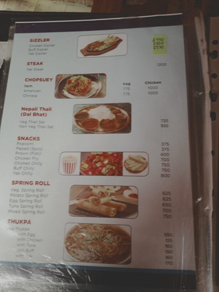 Sample teahouse meal menu on a Nepal trekking route